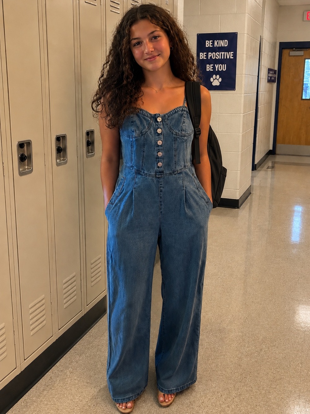 Denim Button-Front Wide-Leg Jumpsuit - Blue